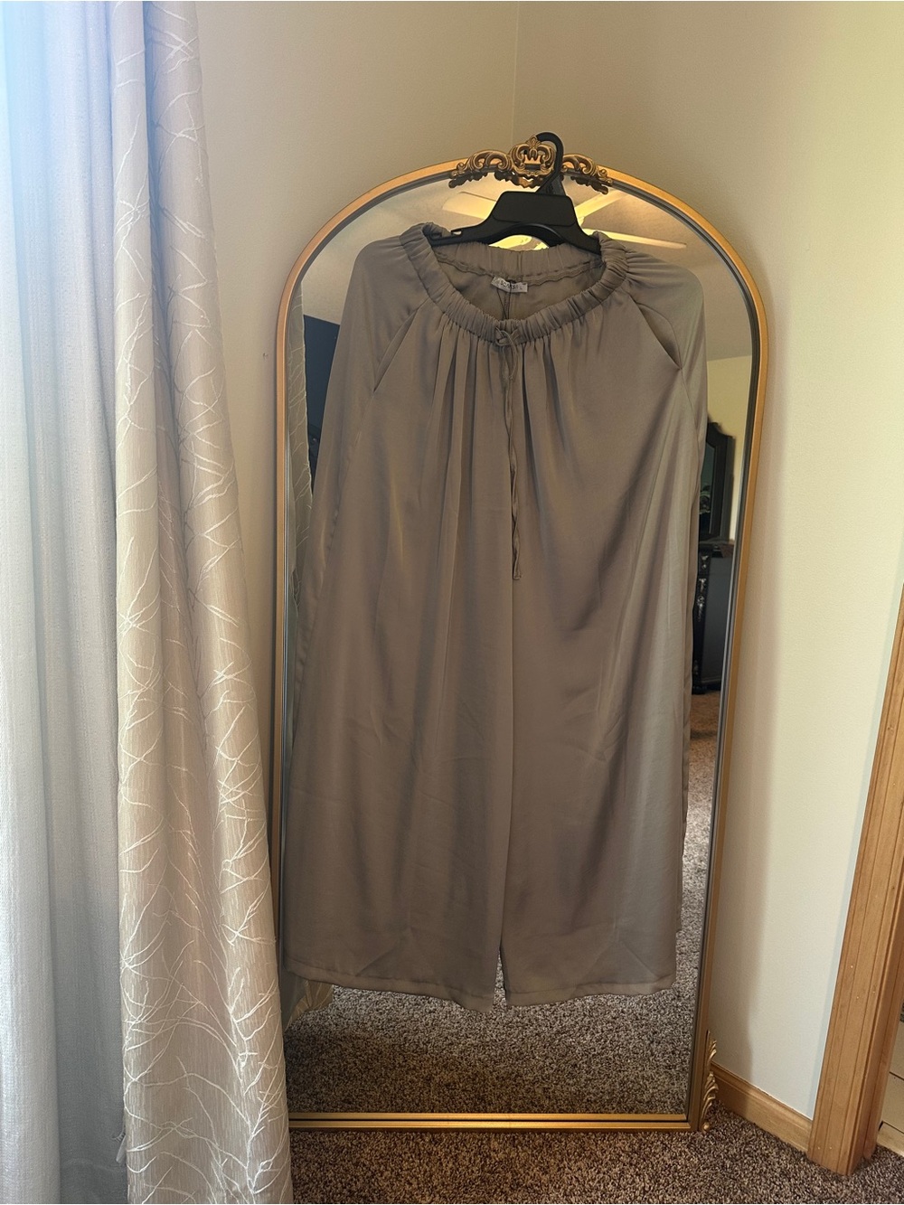 Flowy Taupe satan Wide-Leg Pants with Elastic Waist